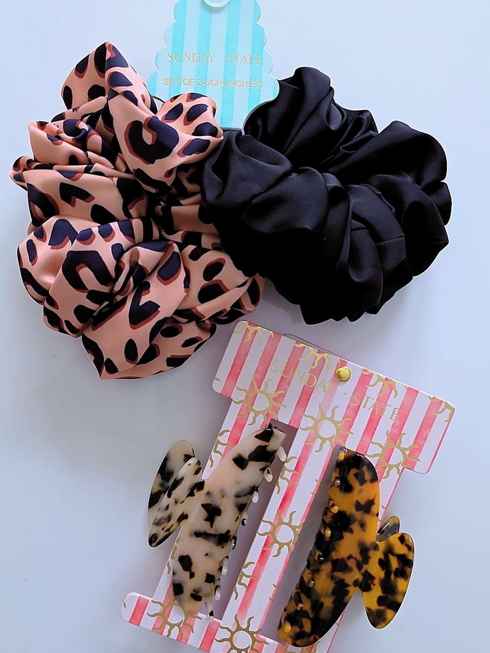 Leopard Print, Black Scrunchie & Tortoiseshell Hair Claw Clip Set